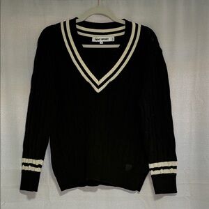 DKNY Black V-Neck Sweater with White Stripes